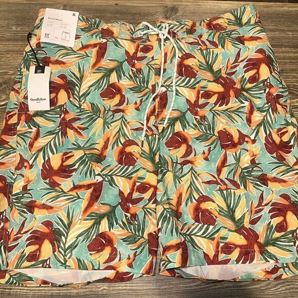 Men's 9" Leaf Print E-Board Swim Shorts - Goodfellow & Co Green/Red XL. NWT. 2 - Picture 1 of 10